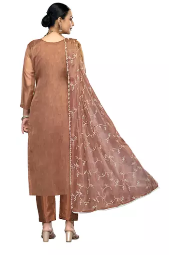 Women's rust embroidered viscose organza dress material