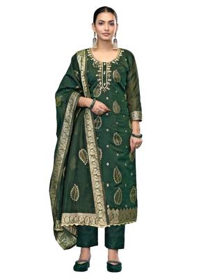 Women's bottle green handwork modal banarasi dress material 1