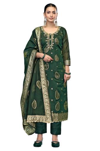 Women's bottle green unstitched handwork modal banarasi dress material 