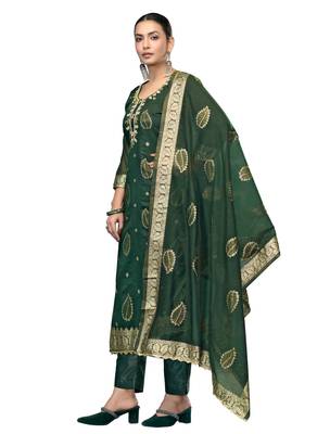 Women's bottle green handwork modal banarasi dress material 2