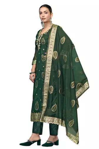 Women's bottle green handwork modal banarasi dress material