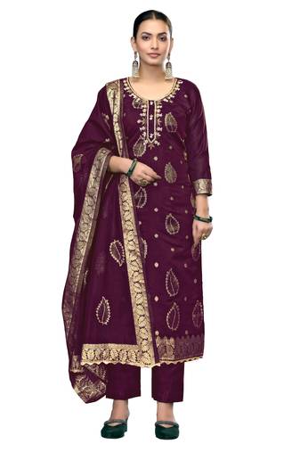 Women's purple unstitched handwork modal banarasi dress material 