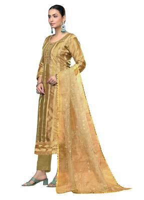 Women's olive green embroidered viscose organza dress material 1