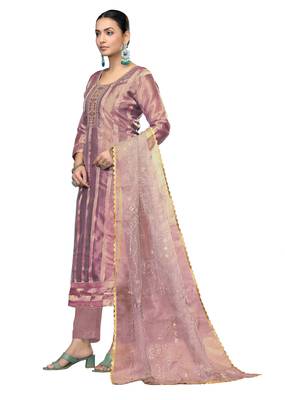 Women's purple embroidered viscose organza dress material 1