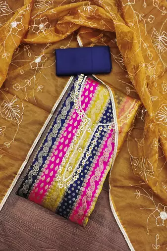 Women's multi handwork banarasi jacquard dress material