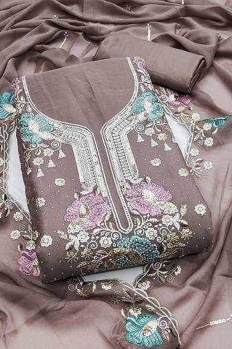 Women's gery unstitched embroidered viscose georgette dress material 