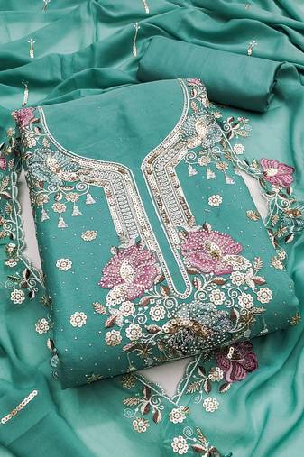 Women's sea green unstitched embroidered viscose georgette dress material 
