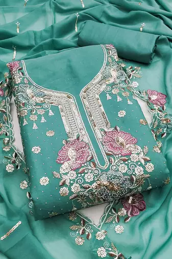 Women's sea green unstitched embroidered viscose georgette dress material 