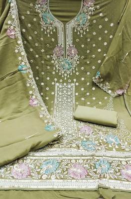 Women's light green embroidered viscose georgette dress material 2