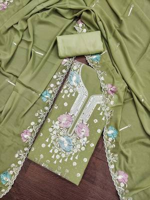 Women's light green embroidered viscose georgette dress material 3