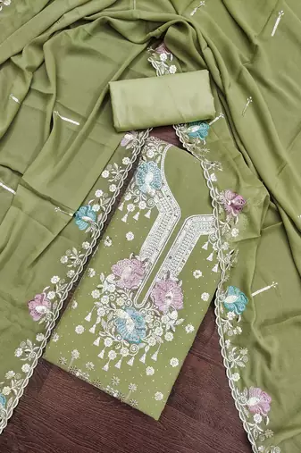 Women's light green embroidered viscose georgette dress material