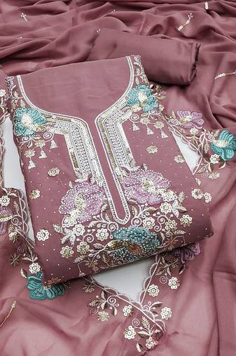 Women's levender unstitched embroidered viscose georgette dress material 