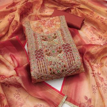 Women's peach digital printed cotton silk dress material 1