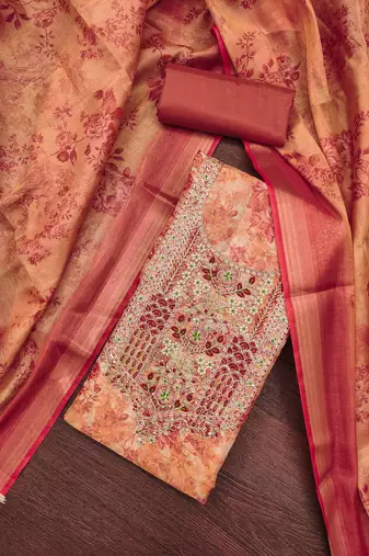 Women's peach digital printed cotton silk dress material