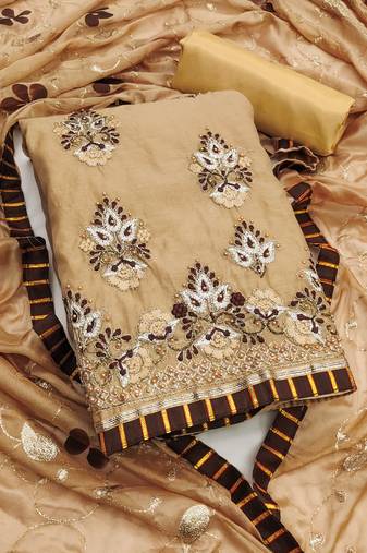 Women's beige unstitched embroidered chanderi modal dress material 