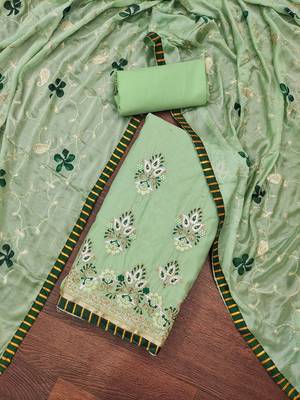 Women's light green embroidered chanderi modal dress material 3
