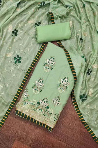 Women's light green embroidered chanderi modal dress material