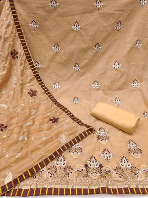 Women's beige embroidered chanderi modal dress material 2