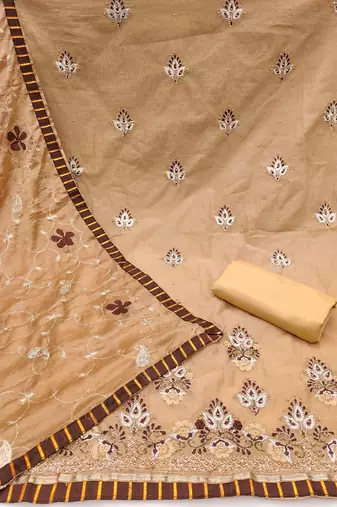 Women's beige embroidered chanderi modal dress material