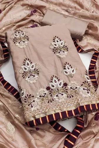 Women's light brown unstitched embroidered chanderi modal dress material 