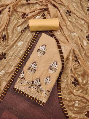 Women's beige embroidered chanderi modal dress material 3