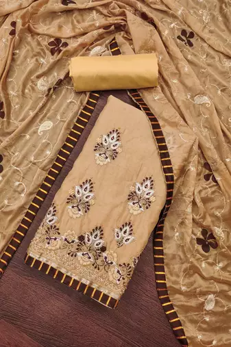 Women's beige embroidered chanderi modal dress material