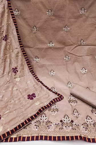 Women's light brown embroidered chanderi modal dress material