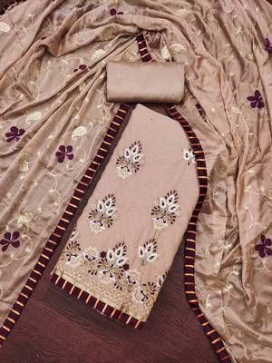 Women's light brown embroidered chanderi modal dress material 3