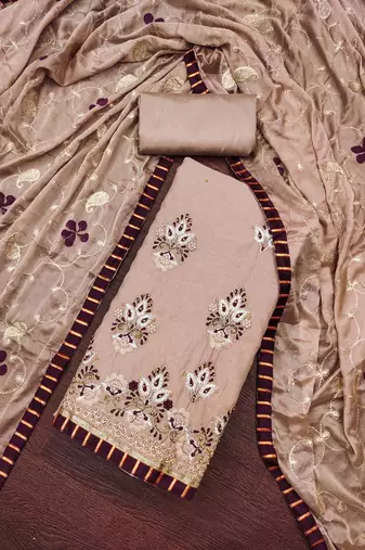 Women's light brown embroidered chanderi modal dress material