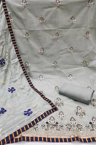 Women's grey embroidered chanderi modal dress material