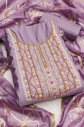Women's purple unstitched embroidered roamn cotton dress material 