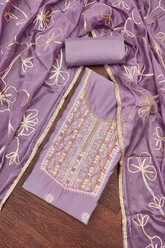 Women's purple embroidered roamn cotton dress material