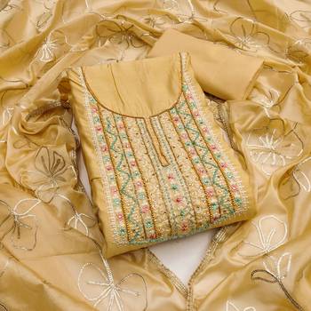 Women's beige embroidered roamn cotton dress material 1