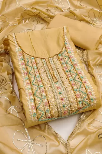 Women's beige unstitched embroidered roamn cotton dress material 