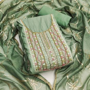 Women's sea green embroidered roamn cotton dress material 1