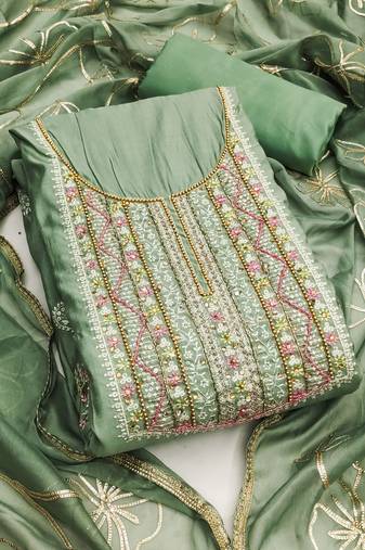Women's sea green unstitched embroidered roamn cotton dress material 