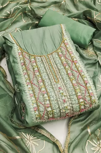 Women's sea green unstitched embroidered roamn cotton dress material 