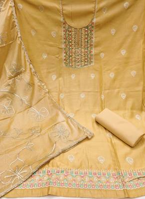 Women's beige embroidered roamn cotton dress material 2