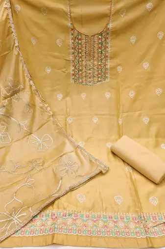 Women's beige embroidered roamn cotton dress material