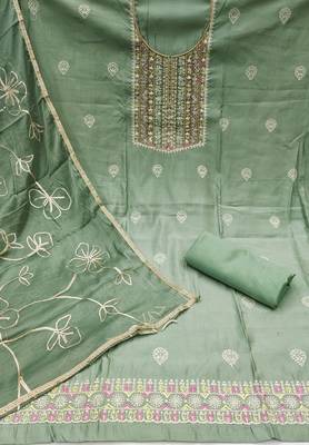 Women's sea green embroidered roamn cotton dress material 2