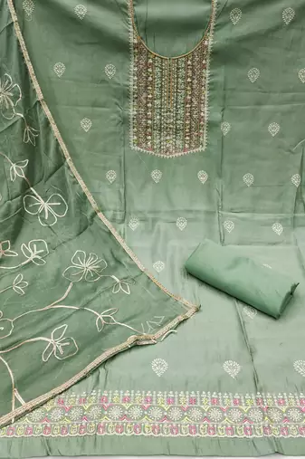 Women's sea green embroidered roamn cotton dress material