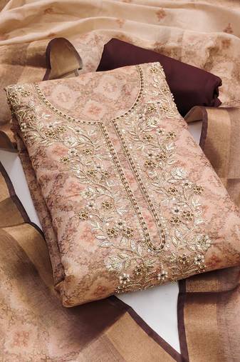 Women's beige unstitched digital printed cotton silk dress material 