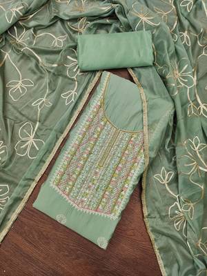 Women's sea green embroidered roamn cotton dress material 3