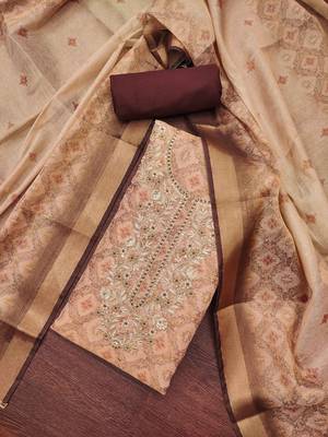 Women's beige digital printed cotton silk dress material 3