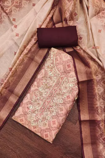 Women's beige digital printed cotton silk dress material
