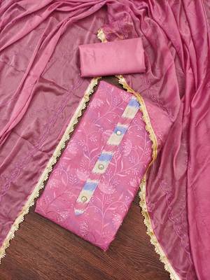 Women's pink embroidered modal chanderi dress material 3