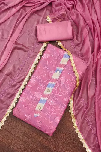 Women's pink embroidered modal chanderi dress material