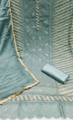Women's sea green embroidered modal chanderi dress material 2