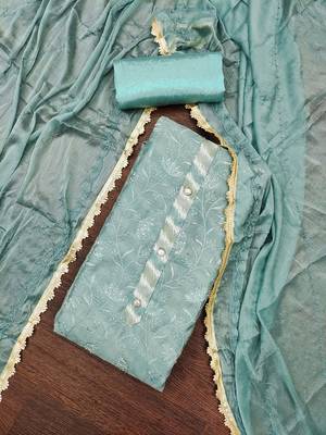 Women's sea green embroidered modal chanderi dress material 3