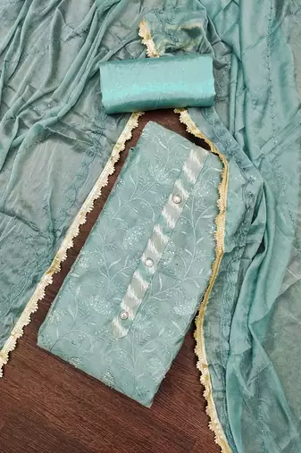 Women's sea green embroidered modal chanderi dress material